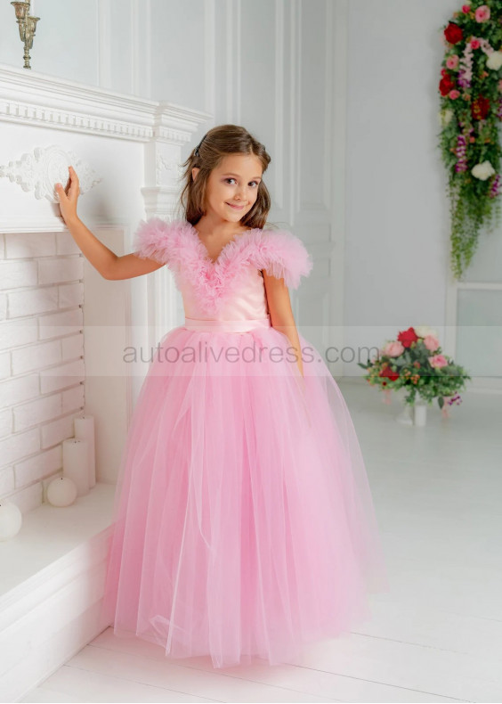 Pink Tulle Ruffle Ankle Length Flower Girl Dress